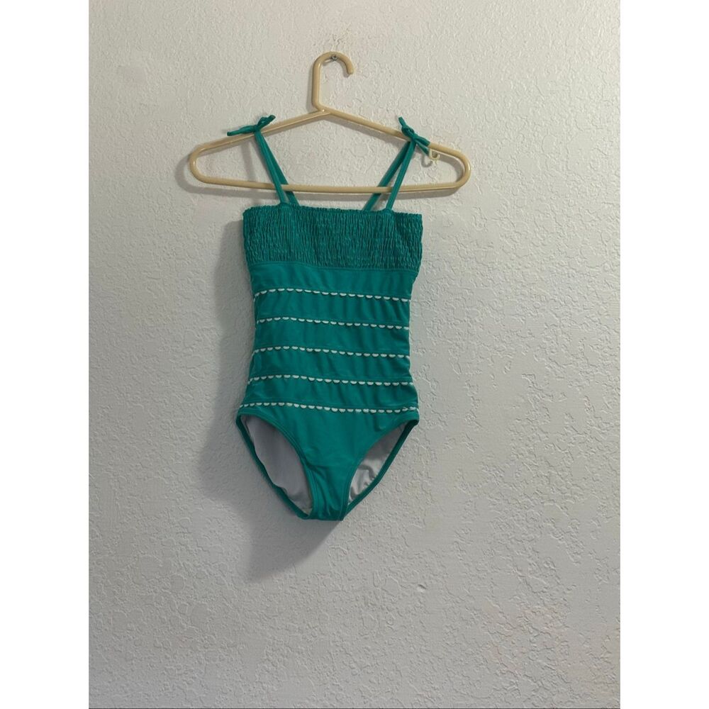 Hannah Andersson  teal ruffed ruffle girls swimsuit smocked 130 8